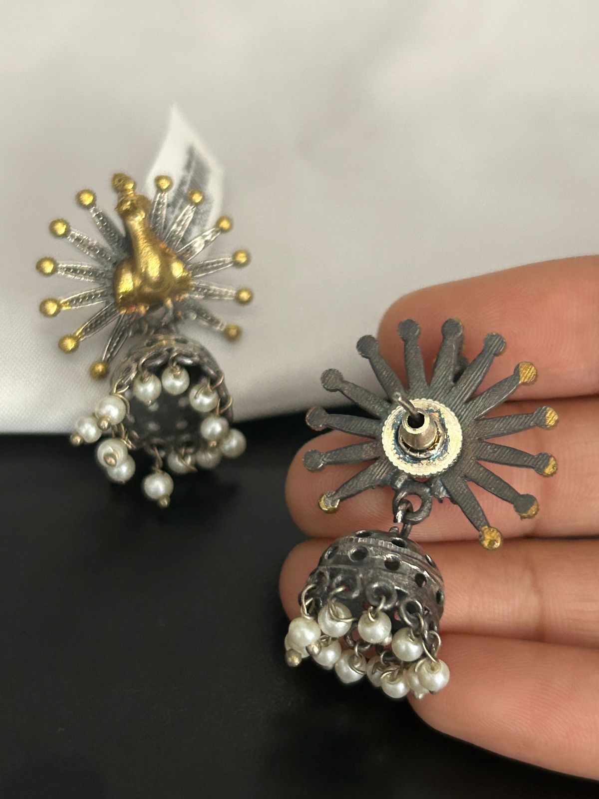 Oxidized Peacock Jhumka Earrings with Golden Detailing & Pearl Drops